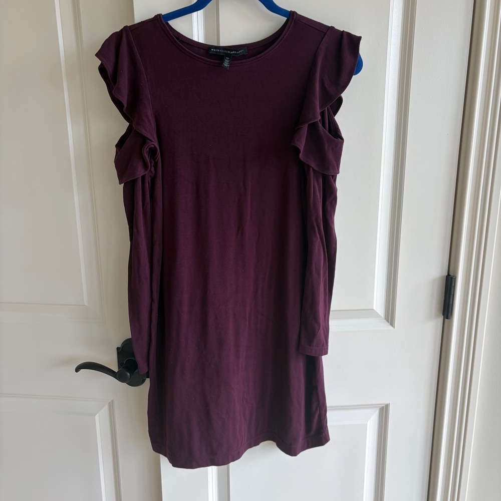 White House Black Market Long-Sleeve Ruffle Cold Shoulder Dress Cabernet Sz SP - Picture 3 of 13